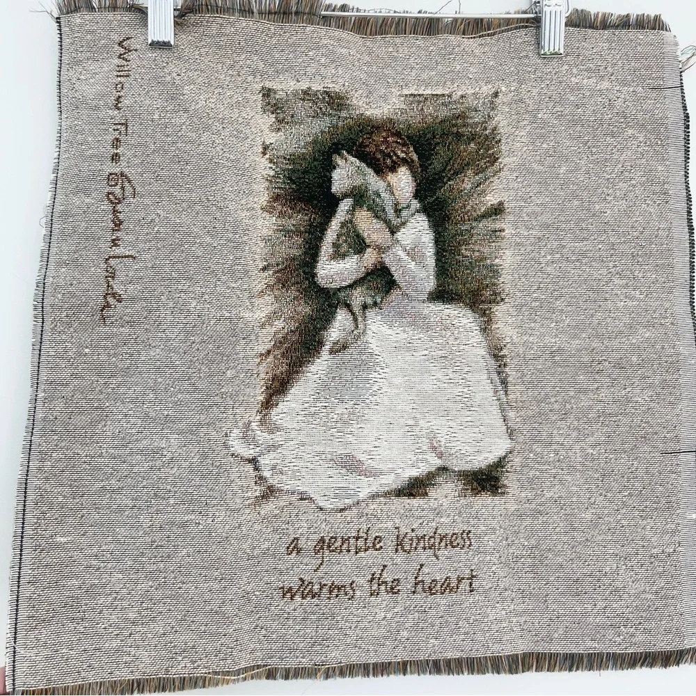 Willow Tree Beige Wall Hanging Decor A Gentle Kindness Girl w Cat Tapestry 17x17